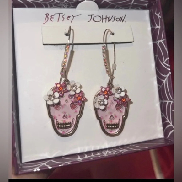 BETSEY JOHNSON SET Sugar Skull Mexican Day of the Dead Earrings & Necklace NWT - Picture 3 of 7
